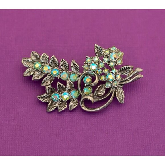 Vintage Art Nouveau Floral Rhinestone Silver Tone Brooch - Q10 - Picture 1 of 2